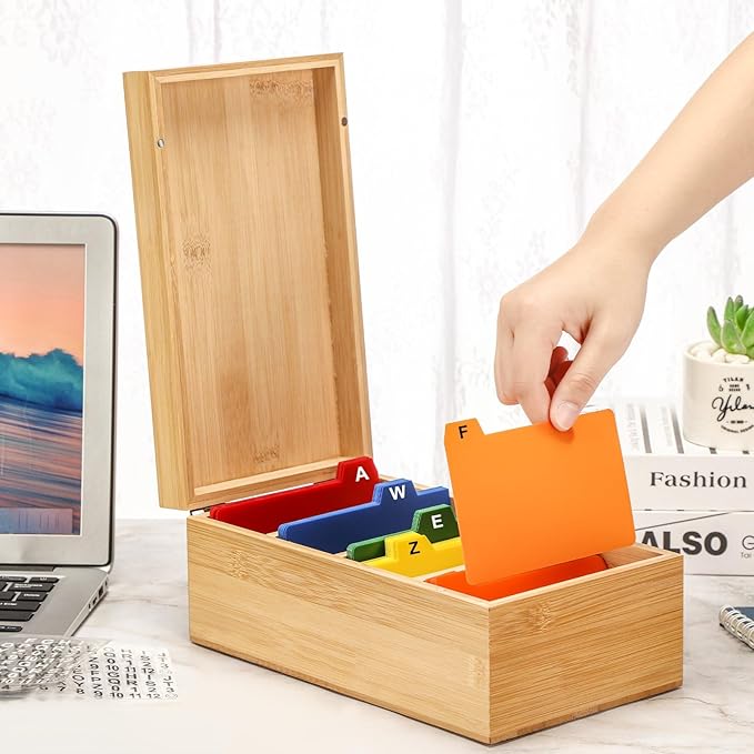 Henoyso 3 x 5 Inch Index Card Holder Set, Bamboo Organizer Box with 50 Dividers & 2 Sheets Alphabet Number Stickers File Note Holders, Holds 1200 Cards for Office Business Home Kitchen, Wooden Color