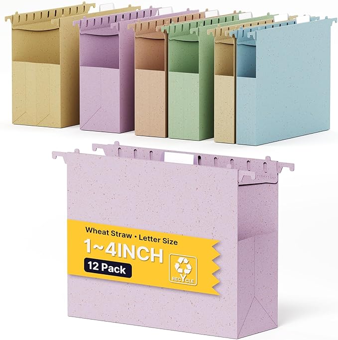 XINGIA Letter Size Hanging File Folders Extra Capacity,1'' & 2'' & 3'' & 4'' Expandable Hang Folder with Tabs,4 Sizes Expansion Set,12 Pack File Cabinet Folders for Office School,Pastel File Organizer
