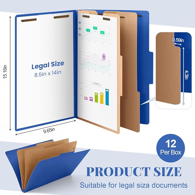 AmazingSpark 12 Pcs Legal Size Classification Folders Bulk 2 Dividers Pressboard File Folder with Expansion 2 Prongs Fastener Heavy Duty Office File Organizer for School Hospitals Home (Dark Blue)