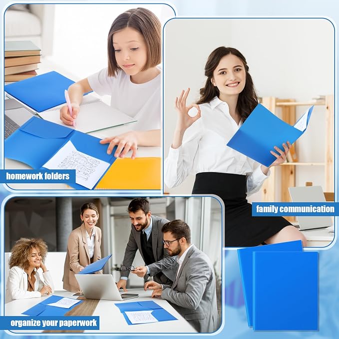 Gueevin 100 Pack Plastic Folder with Pockets, 2 Pocket Folders, Plastic Glossy Folders Fit Letter Size Paper, Heavy Duty Durable File Folder with Business Card for Home Office School (Blue)