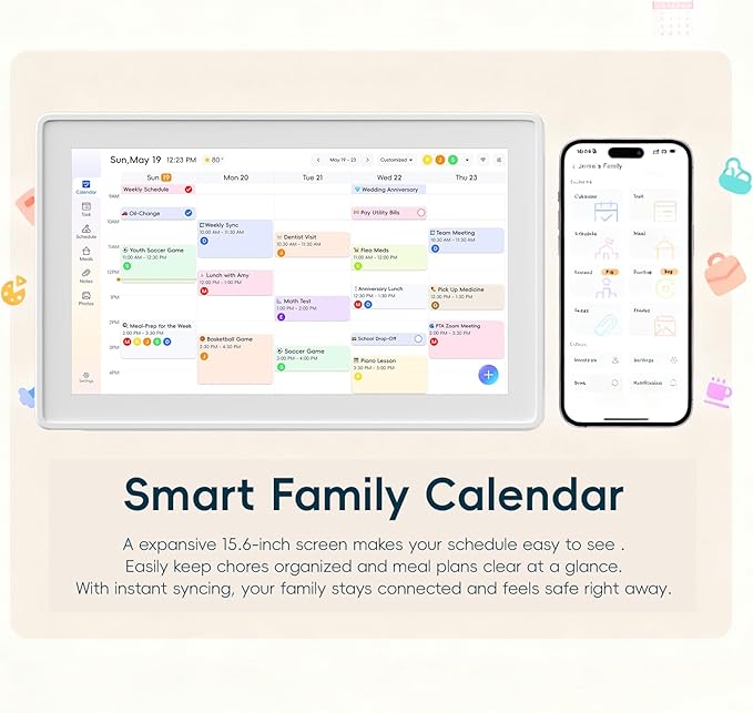 15.6 Inch Digital Family Calendar Organizer, Wall-Mountable and Tabletop Design, All-in-One Schedule Planner with Photo Frame, Blue