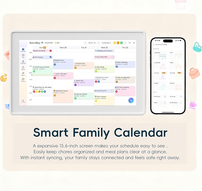 15.6 Inch Smart Calendar No Subscription, All-in-One Smart Organizer with Photo Frame, Wall-Mountable Touch Screen, Task Management, Schedule Planner, White