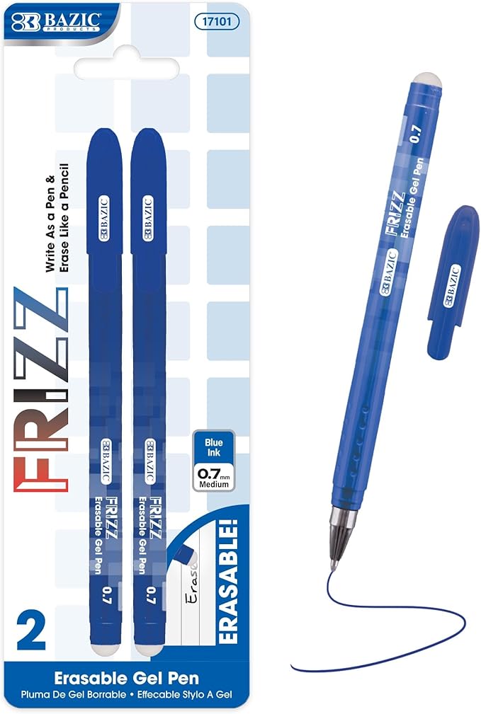 BAZIC PRODUCTS Frizz Erasable Gel Pens, 0.7mm Medium Point, Blue Ink, Smooth Writing & Drawing Planner, 2 Per Pack, 24-Pack