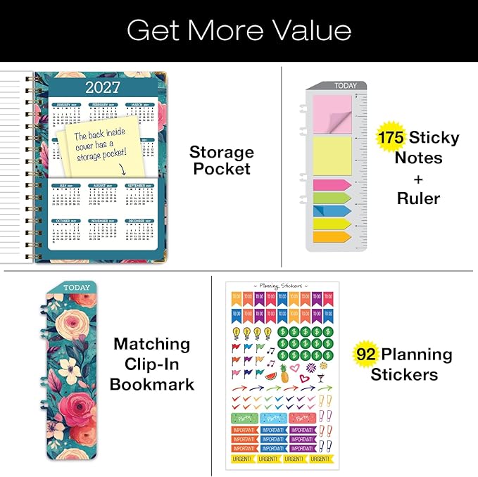 HARDCOVER Academic Year 2026-2027 Planner: 14 Months (May 2026 Through June 2027) 5.5"x 8" Daily Weekly Monthly Planner Yearly Agenda. Bookmark, Pocket Folder and Sticky Note Set (Teal Floral)