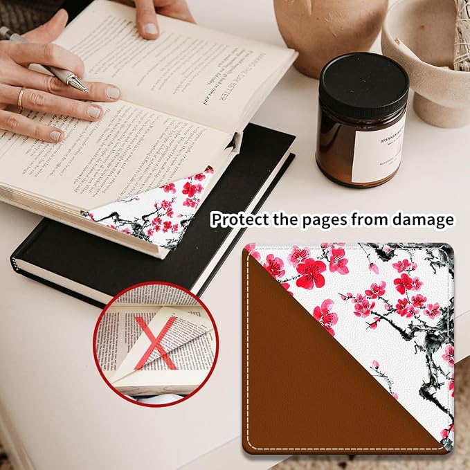 Cute Leather Bookmarks, Fun Triangle Making Corner Bookmark, Book Accessories for Reading Book Lovers, Unbreakable Page Markers for Women Men Red Blossom Floral