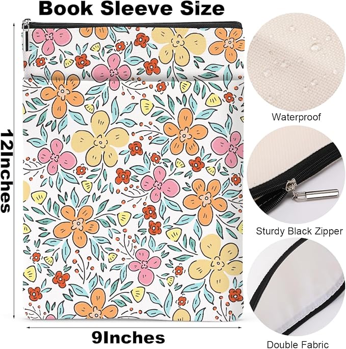 Book Sleeve Book Lovers Gifts Waterproof Books Pouch Protector Cover Reading Accessories Gifts for Women Girls Bookworm Teacher Reader Librarian Birthday Graduation Christmas, Aesthetic Floral