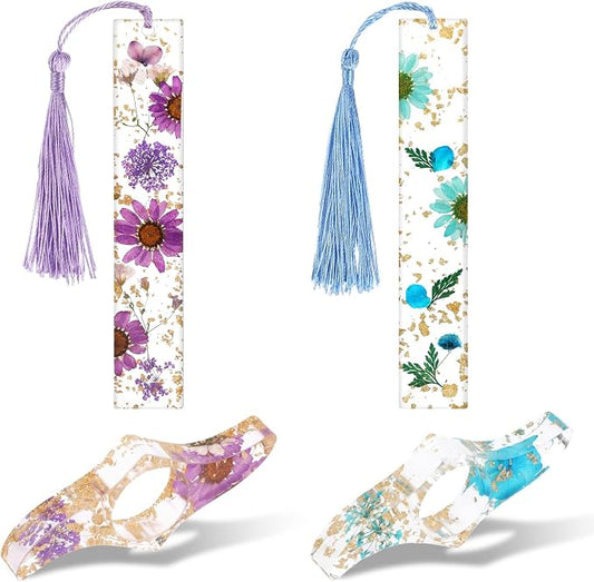 Dried Flower Resin Bookmark and Book Page Holder Set, 4 Pcs Handmade Transparent Thumb Books Page Holder with Tassel, Cute Book Accessories Gift for Reading Lover Students Teachers
