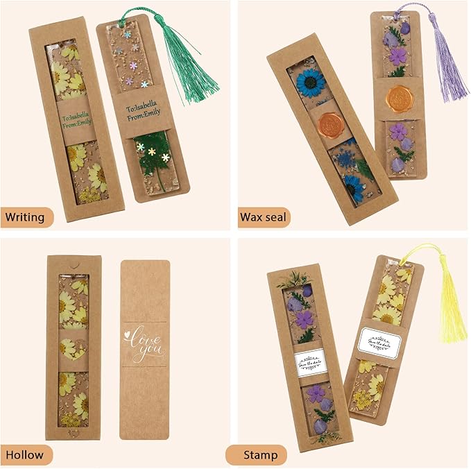 Roowest 50 Set Kraft Bookmark Boxes Sleeves Resin Bookmark Holder 5.9 x 1.8'' Cardboard Gift Boxes DIY Blank Display Cards for Wrapping Gift Supplies(Brown)