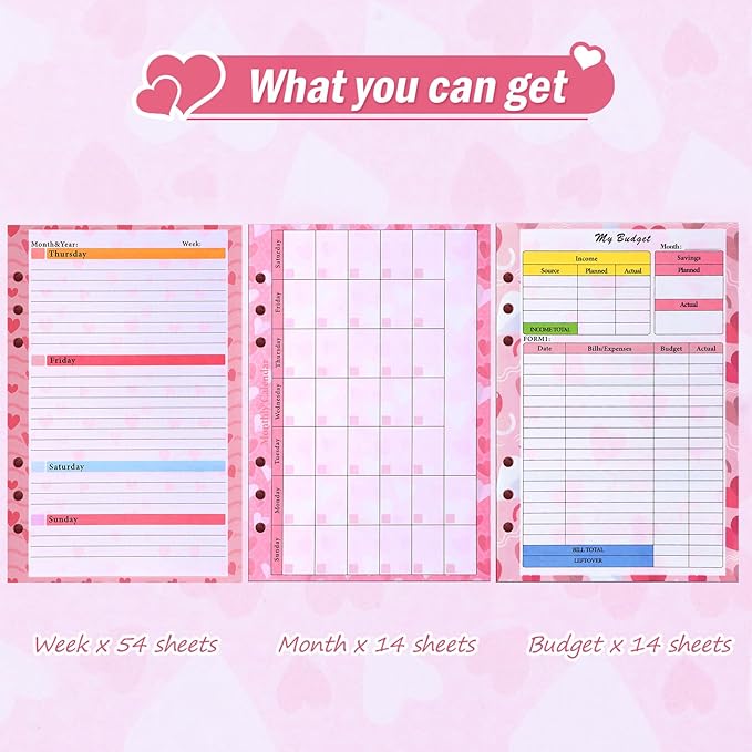 Toplive 3 Pack A5 Planner Refill 82 Sheet Colored Monthly Weekly Planner Refill Paper 6 Hole Budget Sheets Expense Tracker Inserts for A5 Binder Cover Bill Saving Organizer, Pink
