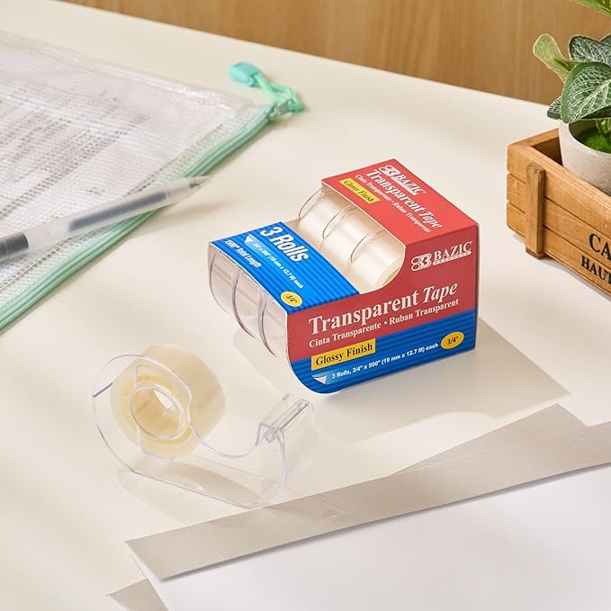 BAZIC PRODUCTS Transparent Tape, 3 Rolls, 0.75" x 500" Each