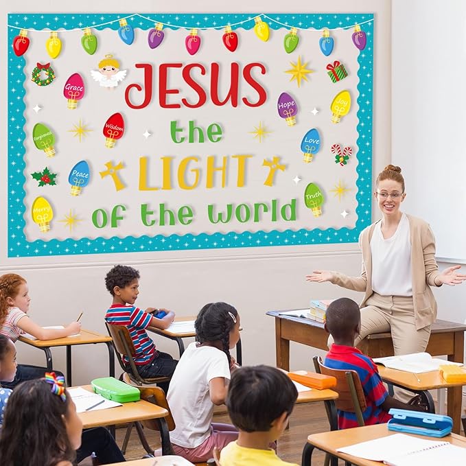 82 Pcs Christmas Religious Bulletin Board Decorations Colorful Light Bulb Jesus the Light of the World Cutouts Xmas Christian Faith Bulletin Board for Sunday School Classroom Decoration