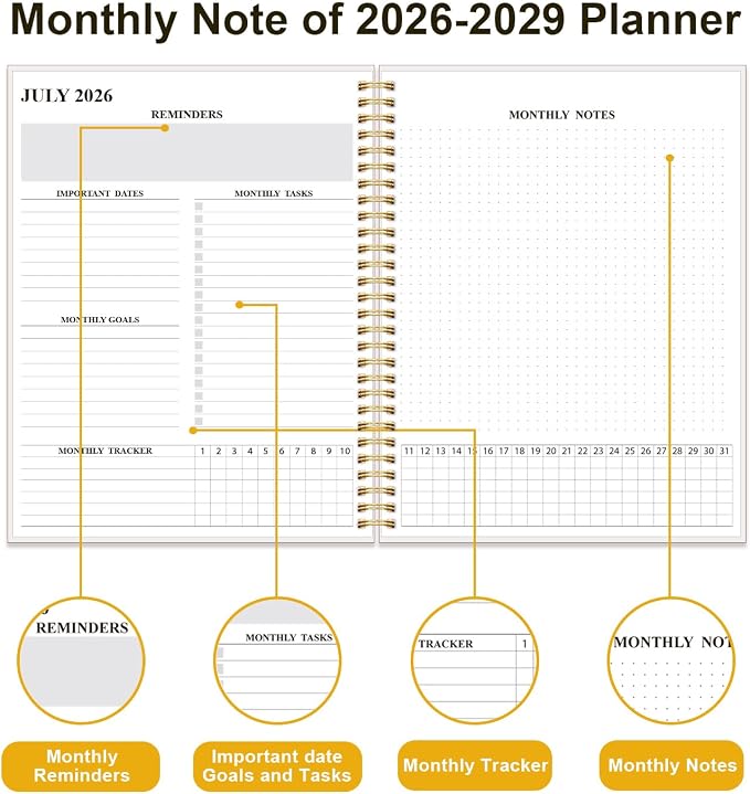2026-2029 Monthly Planner, 3 Years Calendar from July 2026 - June 2029 with Spiral Binding, Inner Pocket, Elastic Closure, 33 Month Planner for Home | School | Office, 8.5" x 11", White Gold Leaf