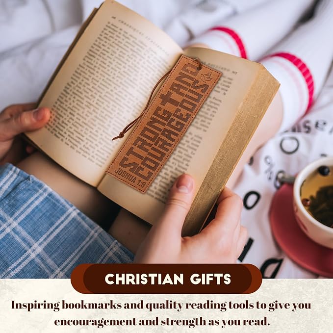 Glenmal 6 Pcs Leather Bible Verse Bookmark for Men Christian Religious Scripture Bookmarks Strong and Courageous Lion Book Marks with Inspirational Verse Christmas Father's Day Church Gifts for Men