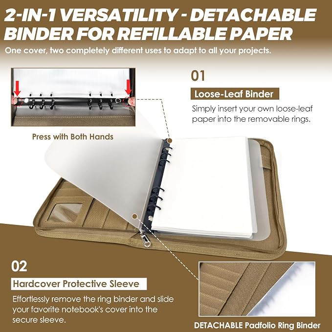 Tactical Notebook Cover, A5 Padfolio 6 Ring Binder with Big Back Pocket & Hand Strap, Zippered Hardcase Planner for Journal, College, Office, Field (Khaki, A5(7.3 x 10 inches))