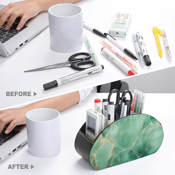Marble Jade Stone Remote Control Holder with 5 Compartments Leather TV Remote Caddy Remote Storage Box Desktop Organizer for Pen/TV Remotes/Media Controllers/Office Supplies