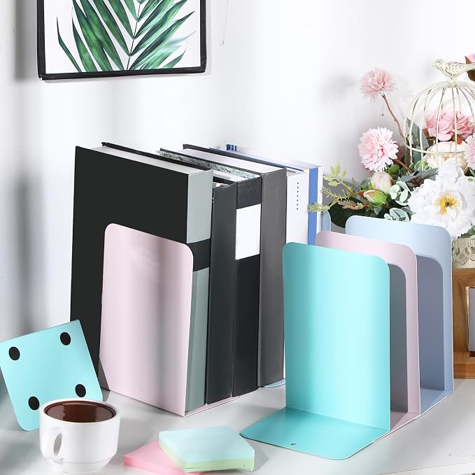 Beeveer 6 Pairs Metal Bookends Book Stopper for Shelves Office Book Holder Library Bookend for Heavy Books Desk Home Bookshelf School (Macaron Colors)
