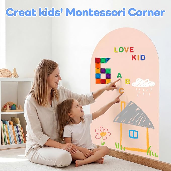 48x32 Magnetic Wall Decal Arch Shape -Black Chalkboard for Kids Playroom & Classroom Heavy Duty Magnetic Base for Building Tiles & Letters | Includes Liquid Chalks & Accessories (Milk Tea)