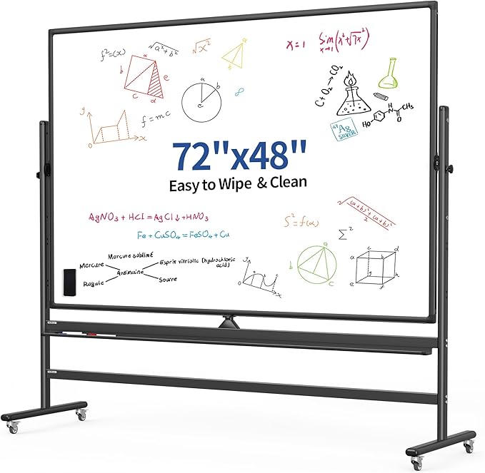 72" x 48" Double-Sided Mobile Whiteboard with Stand, Extra Large Rolling Magnetic Dry Erase Board, Reversible Black Frame Whiteboard for Office, Classroom, Heavy-Duty Presentation Easel