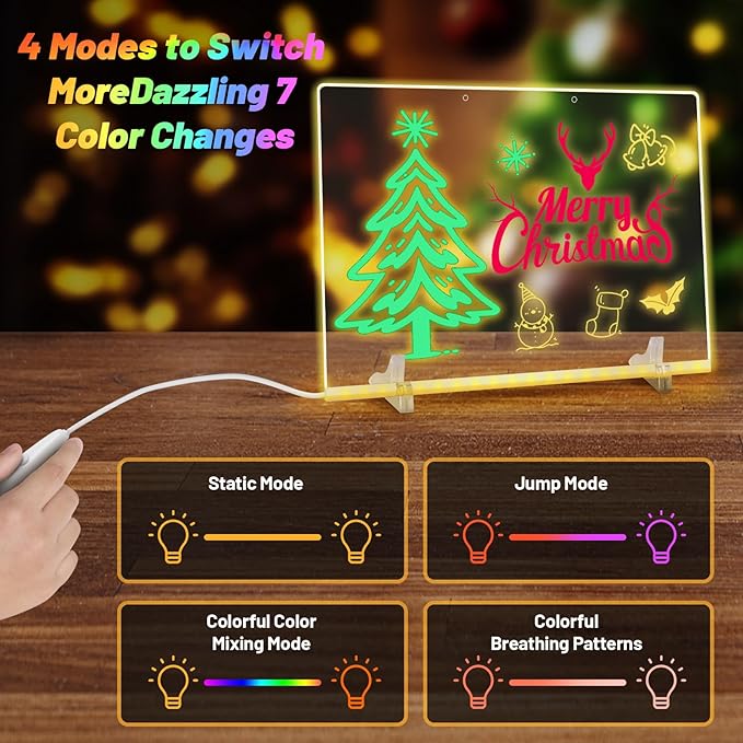 20 Inch, 19 Highlighter,Led Note Board with Colors for Kids,4Modes&7Colors Lumiboard Led Drawing Board for Kids,Light Up Sign,Acrylic Dry Erase Board with Stand,Adapter,Hanging Chain,Spray Bottle