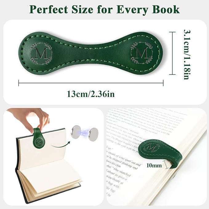 Personalized Leather Magnetic Bookmark with Pen Holder – Custom Initial Design for Readers（Green-D）
