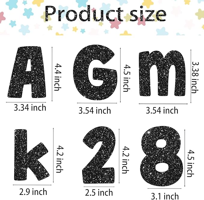 225Pcs Glitter Bulletin Board 4inch Letters with Adhesive Dots Punctuation Symbols Cutout for Classroom Numbers Alphabet School Display Decorating Supplies (Black)