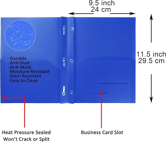 Youngever 6 Pack Heavy Duty Plastic Two Pocket Folders with 3 Prongs, Metal Prongs Fastener, Heavy Duty Plastic 2 Pocket Folder (Dark Blue)