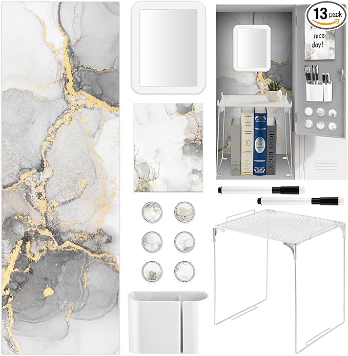 QOUBAI White Locker Accessories and Organizer Kit Include Marble Print Wallpaper Magnetic Mirror Whiteboard Pen Holder Magnet Locker Shelf Essentials for Back to School Supplies