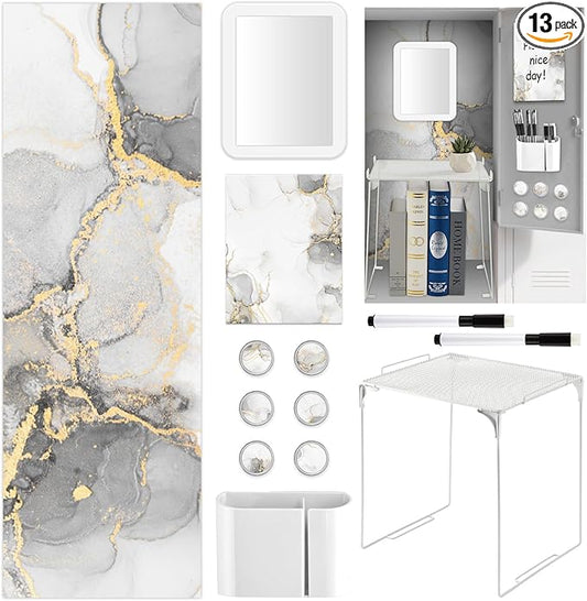 QOUBAI White Locker Accessories and Organizer Kit Include Marble Print Wallpaper Magnetic Mirror Whiteboard Pen Holder Magnet Locker Shelf Essentials for Back to School Supplies