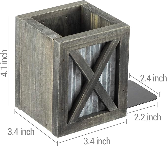 MyGift Vintage Decorative Bookends, Desktop Book Ends with Pen Holder Pencil Cup Stationery Storage Bins for Home Office, Classroom, Dorm Room, Gray Wood with Corrugated Galvanized Metal Accent