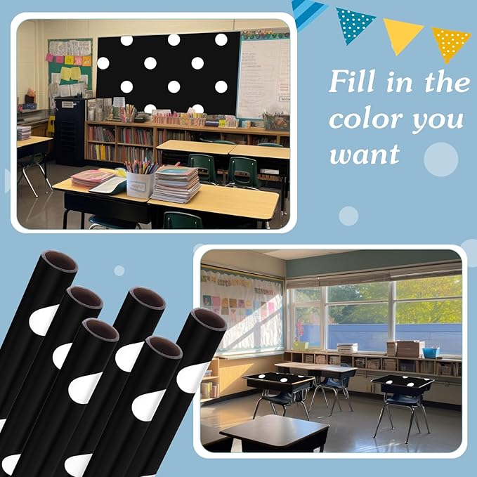 Skyygemm 6 Rolls Classroom Bulletin Board Paper Roll Polka Dot 4 x 12 ft Fade Resistant Colored Background Paper Bulk for Art Decor Drawing Craft(Cute Black)