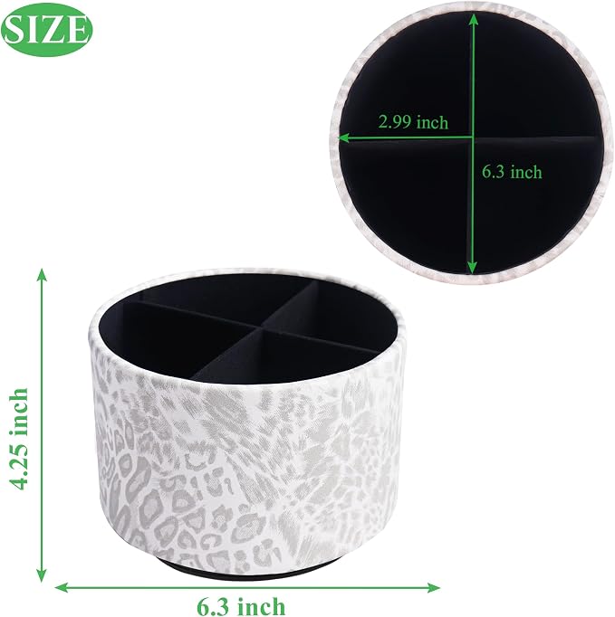 Round Leather Art Supply Organizer,Remote Control Holder,360 Degree Rotating,Multi-Functional Pencil Holder,4 Compartments Desktop Stationary Organizer(1-Leopard White)