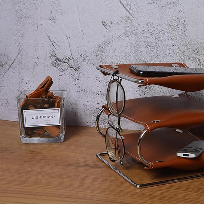 3-Tier Leather Desk Organizer, Classic/Elegant Brown Leather Desk Caddy for Office Supplies, Desktop Cosmetic Tray Organizer Storage Box