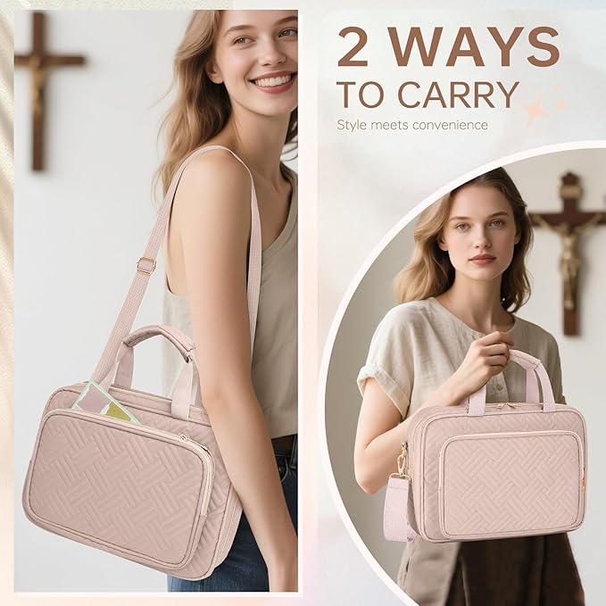 Bible Cover Case for Women Bible Study Supplies Christian Gifts for Women Church Camp Essentials Christian Bible Journaling Kit Quilted Large Bible Cover with Durable Handle (Pink, Large)