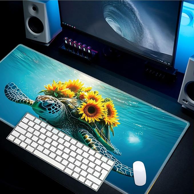 Mouse Pad Gaming Mousepad 31.5x11.8 Inch XXL Large + Coasters,Desk Mat with Stitched Edges, Non-Slip Rubber Base, Thick Mouse Pad for Computer, Laptop, Office & Home - Turtle Sunflower