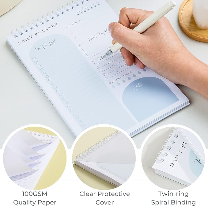 Daily Planner To Do List Notepad 60 Undated Pages,Pastel Blue,Twin-ring Spiral Bindling 6x9 Inch Desktop Daily Planning Notepad with Protective Cover, Water Intake, Habit Tracker