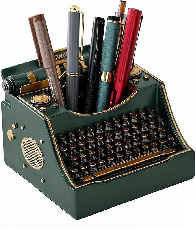 Retro Typewriter Pen Holder Decorative Resin Vintage Pencil Holders Desk Organizer for Writer's Desk (Green)