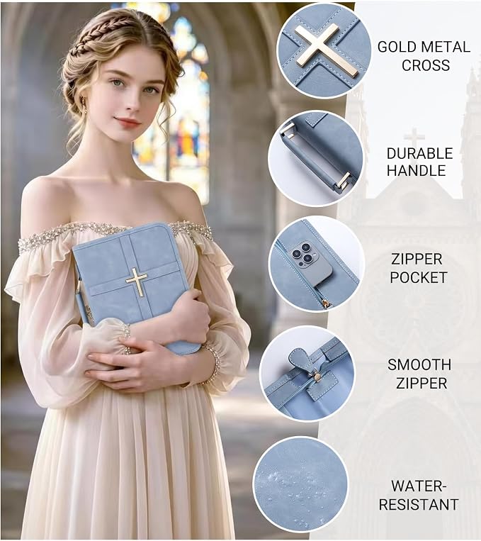 Vegan Leather Bible Cover for Men & Women, Bible Case with Gift Box, Christian Catholic Religious Bible Gifts (Light Blue)