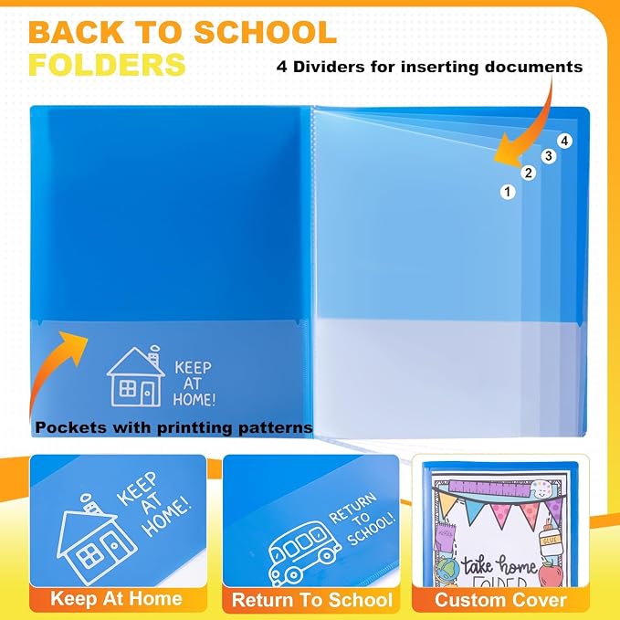 24 Pcs Back to School Take Home Folders for Elementary Students 2 Pocket Folders with Clear Front Pocket 4 Inner Pockets Plastic Parent Teacher Communication Folder 11.81 x 9.45 Inch (Mixed Color)