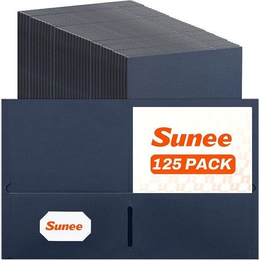 SUNEE Folders with Pockets(125 Pack, Dark Blue), 2 Pocket Folders Fit Letter Size Paper, Paper File Folder for School Office Home Business