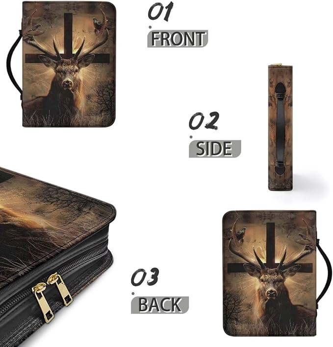 Leather Medium Bible Cover with Bookmark，Carrying Book Case Church Bag Bible Protective Brown Bible Case,Christian Gifts,Cross and Deer