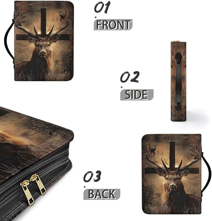 Leather Medium Bible Cover with Bookmark，Carrying Book Case Church Bag Bible Protective Brown Bible Case,Christian Gifts,Cross and Deer