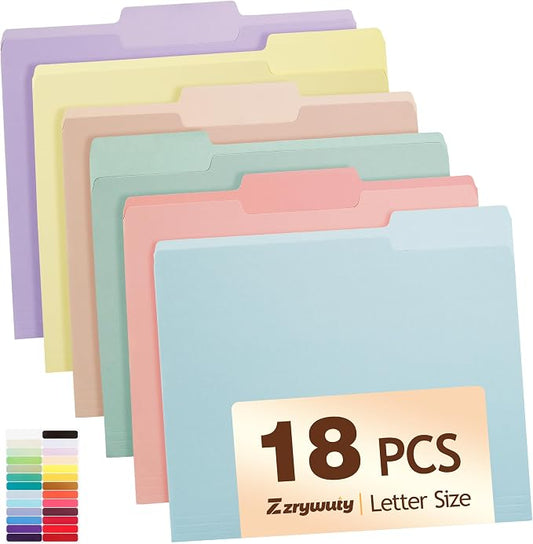Color File Folders, 1/3-Cut Tabs, 18 Pack File Folder Letter Size, 8.5x11 Inch Manilla folders, 6 Pastel Colors Organizer File Folders for School Home Office Business