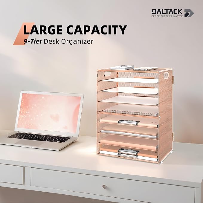 DALTACK 9-Tier Paper Organizer for Desk, Mesh Letter Tray Desk Organizer with Handles, Space-Saving File Organizer for Office Home School, Gold Rose