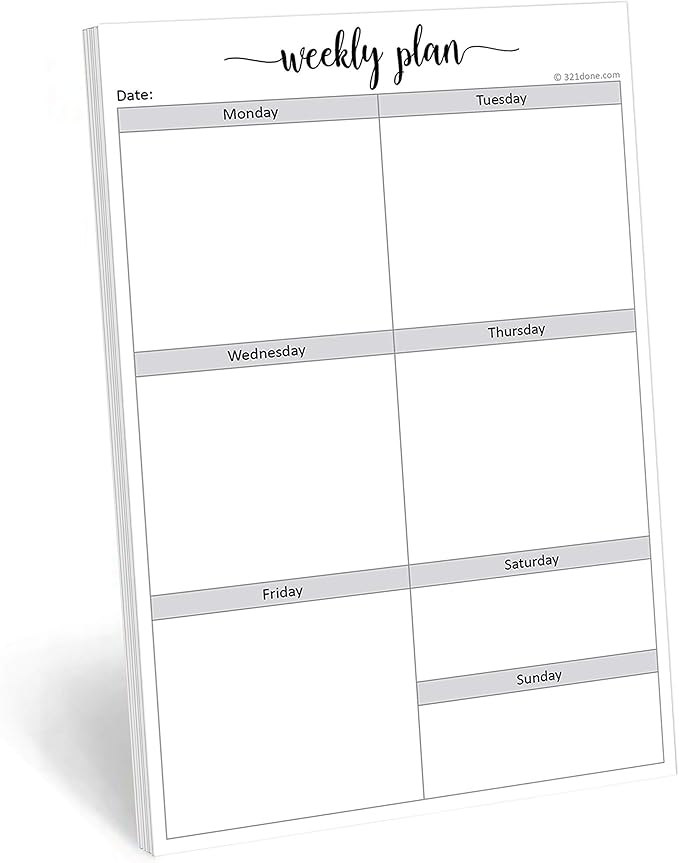 321Done Blank Week Planning Pad - 50 Sheets (5.5" x 8.5") - Weekly Days of Week Notepad, Planner Organizing - Made in USA - Simple Script