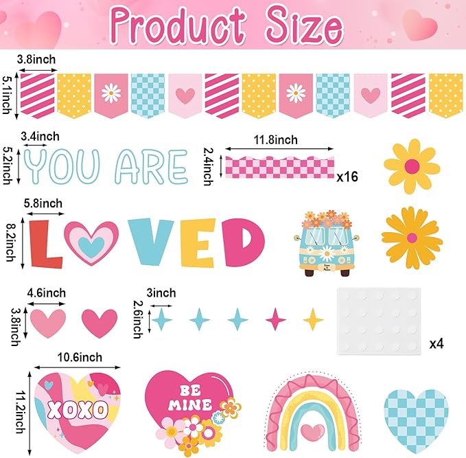 Valentine's Day Bulletin Board Decoration Set Happy Valentine's Day You are Loved Classroom Decorations Love Heart Rainbow Flowers Paper Cutouts for School Home Office Chalkboard Wall Door Decor