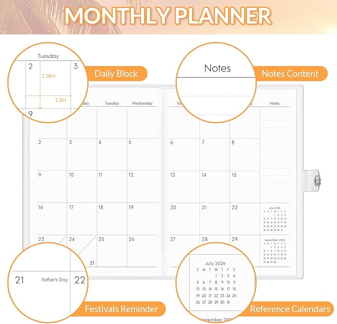 Monthly Planner 2025-2027, Monthly Calendar (July 2025 Until December 2027), 5.9'' x 8.4'', A5 Planner with PVC Cover, Perfect for Office, School Organizing Planning - Beach