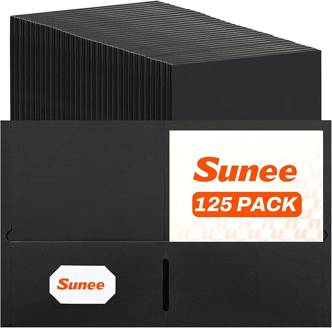 SUNEE Folders with Pockets(125 Pack, Black), 2 Pocket Folders Fit Letter Size Paper, Paper File Folder for School Office Home Business
