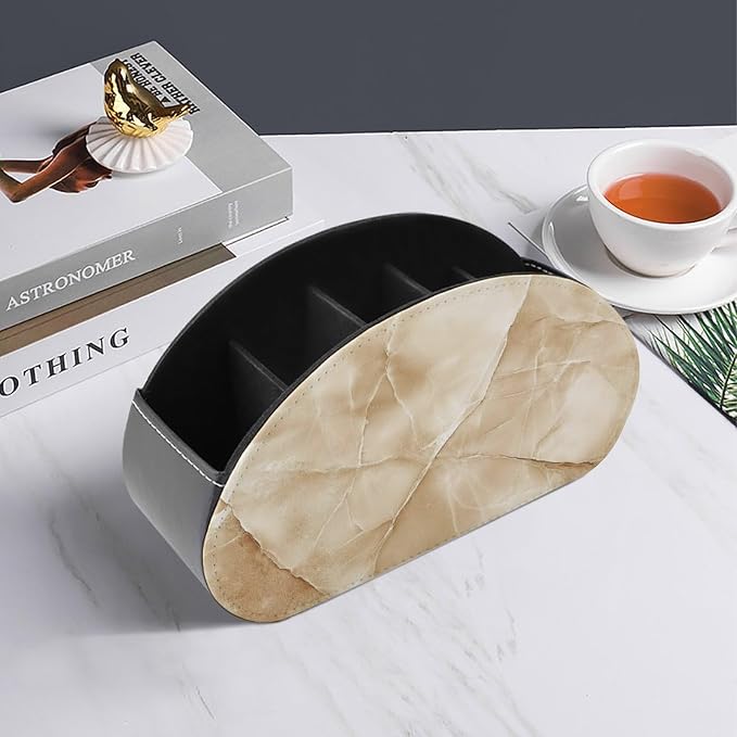 Beige Marble Remote Control Holder with 5 Compartments Leather TV Remote Caddy Remote Storage Box Desktop Organizer for Pen/TV Remotes/Media Controllers/Office Supplies