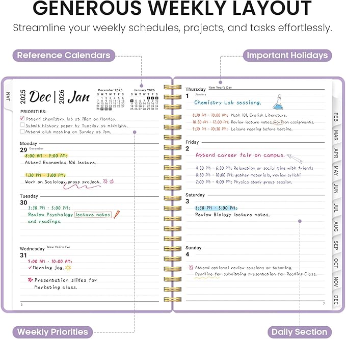 2026 Planner, Weekly and Monthly Calender Planner, Jan 2026 to Dec 2026, Hardcover 2026 Calendar Book with Tabs & Inner Pocket, Office Home School Supplies for Women & Men - A5 (6.3" x 8.5"), Purple