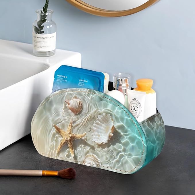 Forchrinse Starfish See Shell Remote Control Holders for Table 5 Compartment Leather Remote Caddy Desktop Storage Organizer Tray for Home Office School